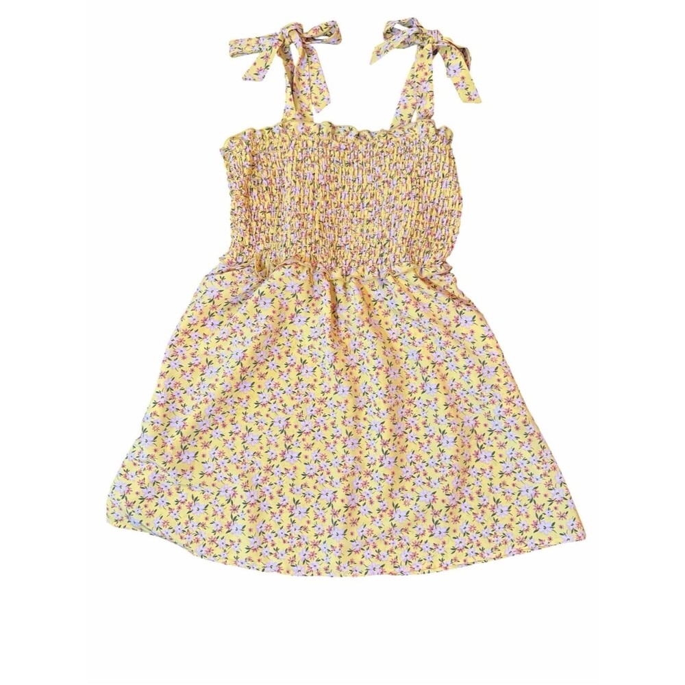 As U Wish Dress L Yellow Floral Shirred Bodice Shoulder Straps Summer Mini Soft